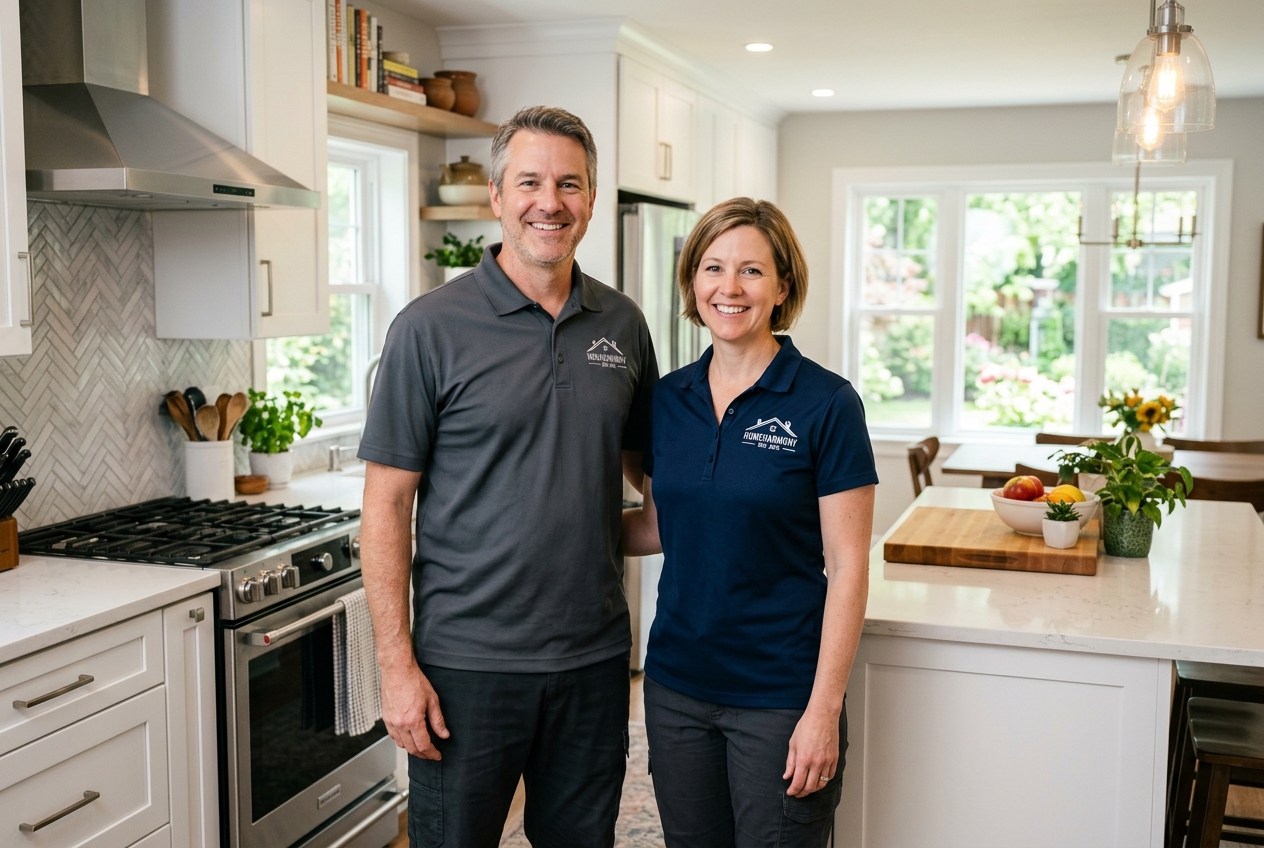 Neil and Sharon Colica, owners of Happy's Home Repair, smiling in a remodeled kitchen