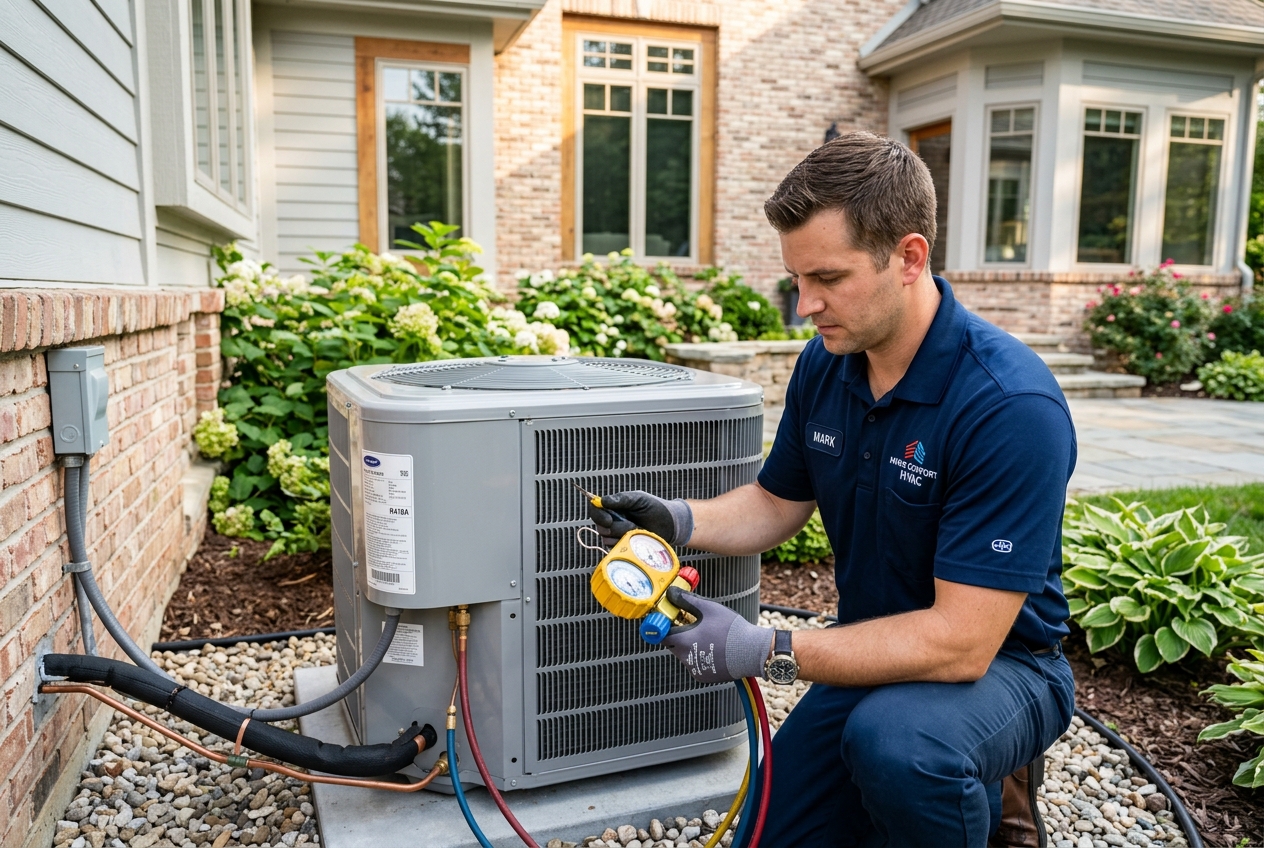 HVAC technician servicing outdoor AC unit with pressure gauges