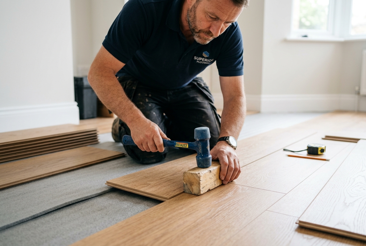 Hardwood laminate floor installation carpentry aligning wood