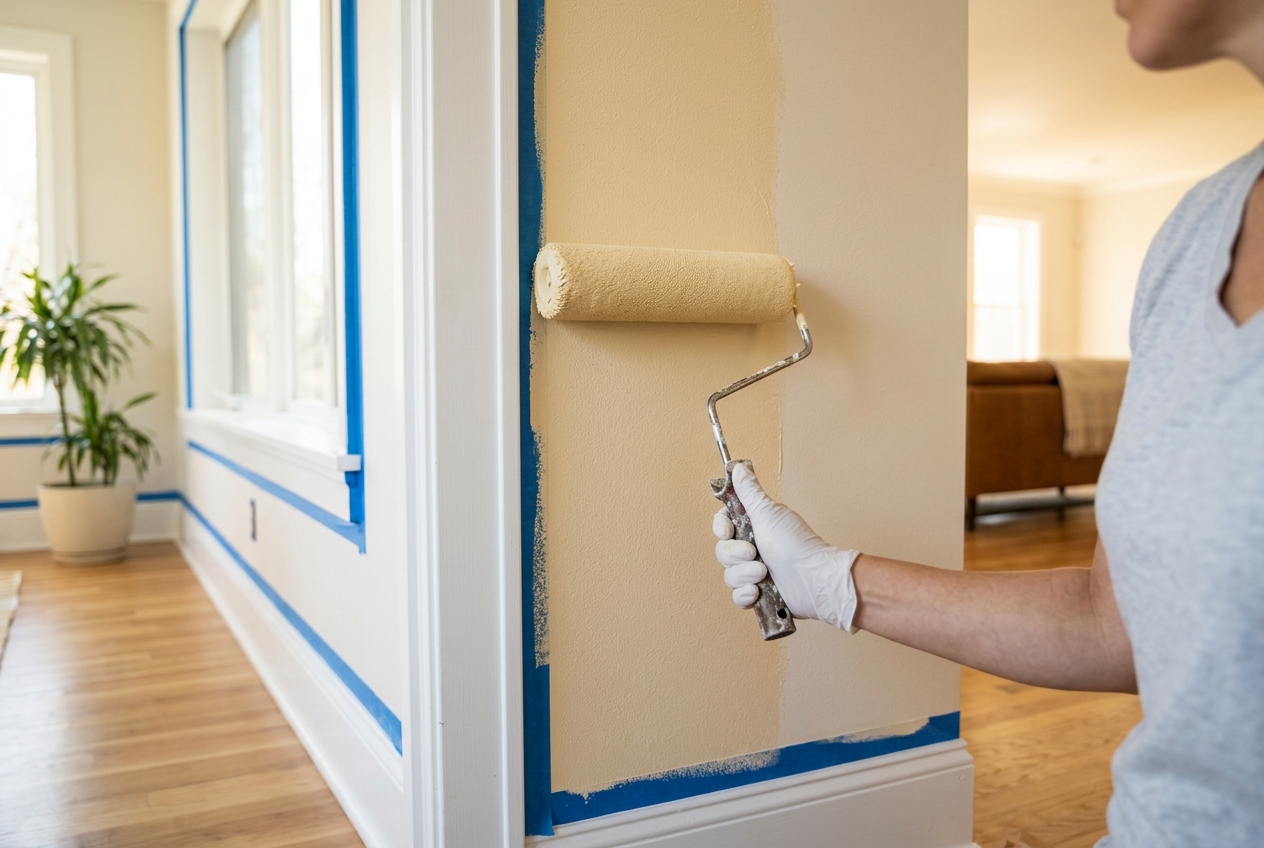 Clean warm wall paint job with paint roller and painter tape